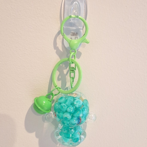 Skullpanda Teal Beaded Liquid Filled Shaker Green Keychain Bag Charm With Bell - Picture 3 of 4